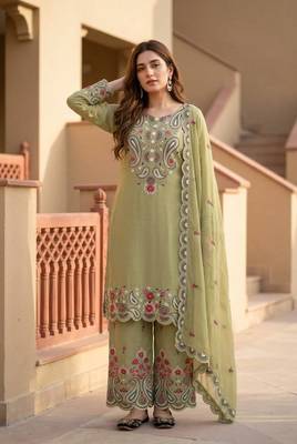 Olive Color Sequance And Embroidery Work Silk Blend Salwar Suit 1