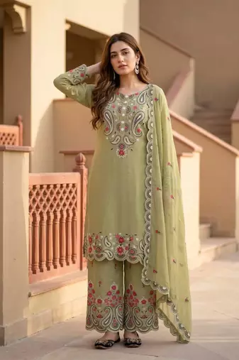 Olive Color Sequance And Embroidery Work Silk Blend Salwar Suit