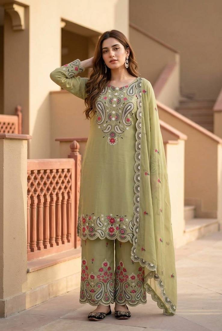 Olive Color Sequance And Embroidery Work Silk Blend Salwar Suit