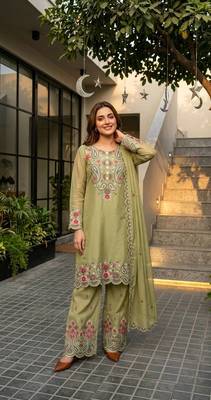 Olive Color Sequance And Embroidery Work Silk Blend Salwar Suit 2