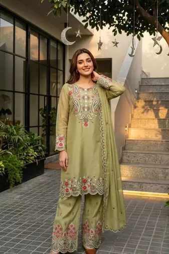Olive Color Sequance And Embroidery Work Silk Blend Salwar Suit