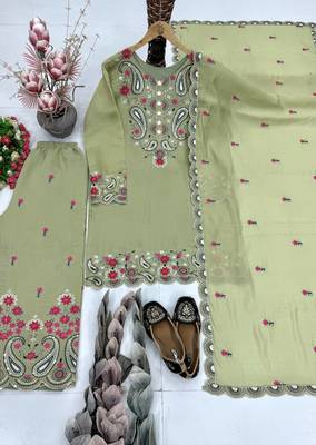 Olive Color Sequance And Embroidery Work Silk Blend Salwar Suit 3