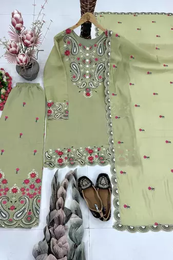 Olive Color Sequance And Embroidery Work Silk Blend Salwar Suit