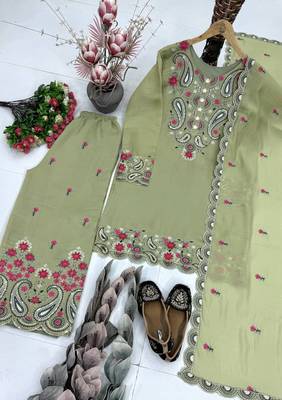 Olive Color Sequance And Embroidery Work Silk Blend Salwar Suit 4