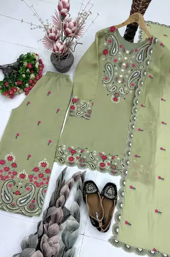 Olive Color Sequance And Embroidery Work Silk Blend Salwar Suit