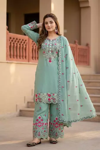 Sea Green Color Sequance And Embroidery Work Silk Blend Salwar Suit