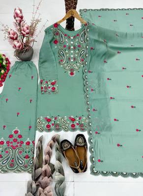 Sea Green Color Sequance And Embroidery Work Silk Blend Salwar Suit 3