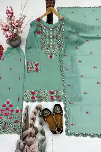 Sea Green Color Sequance And Embroidery Work Silk Blend Salwar Suit