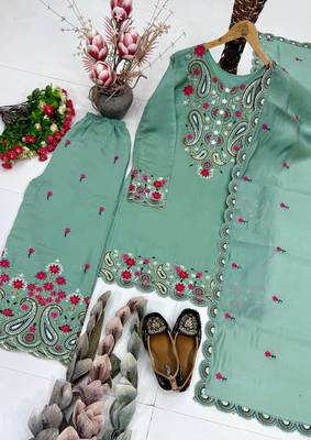 Sea Green Color Sequance And Embroidery Work Silk Blend Salwar Suit 4