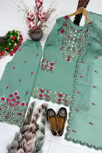 Sea Green Color Sequance And Embroidery Work Silk Blend Salwar Suit