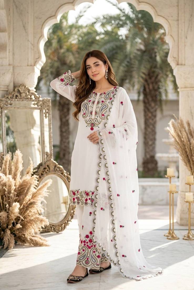 White Color Sequance And Embroidery Work Silk Blend Salwar Suit