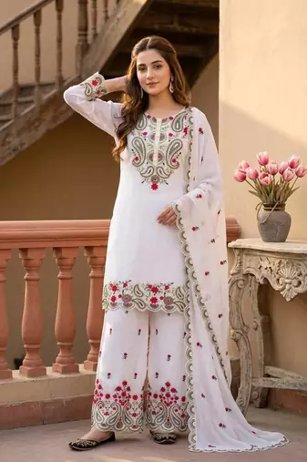 White Color Sequance And Embroidery Work Silk Blend Salwar Suit