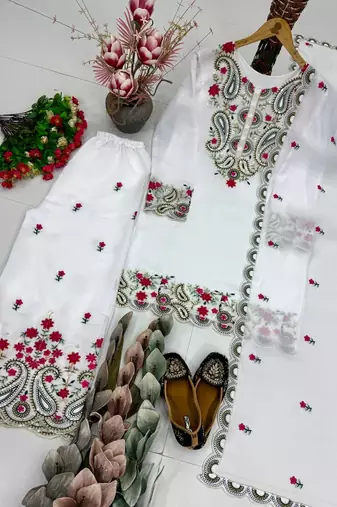 White Color Sequance And Embroidery Work Silk Blend Salwar Suit