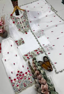 White Color Sequance And Embroidery Work Silk Blend Salwar Suit 4