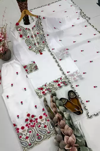 White Color Sequance And Embroidery Work Silk Blend Salwar Suit