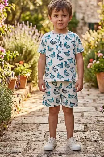 White cotton screen printed co-ord set for boy