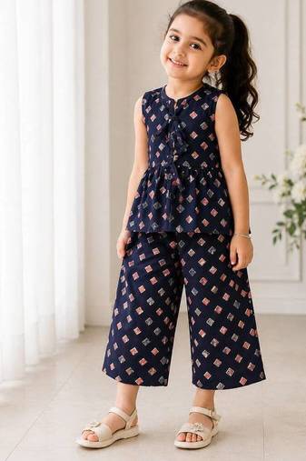 Blue cotton screen printed co-ord set for girl