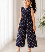 Blue cotton screen printed co-ord set for girl
