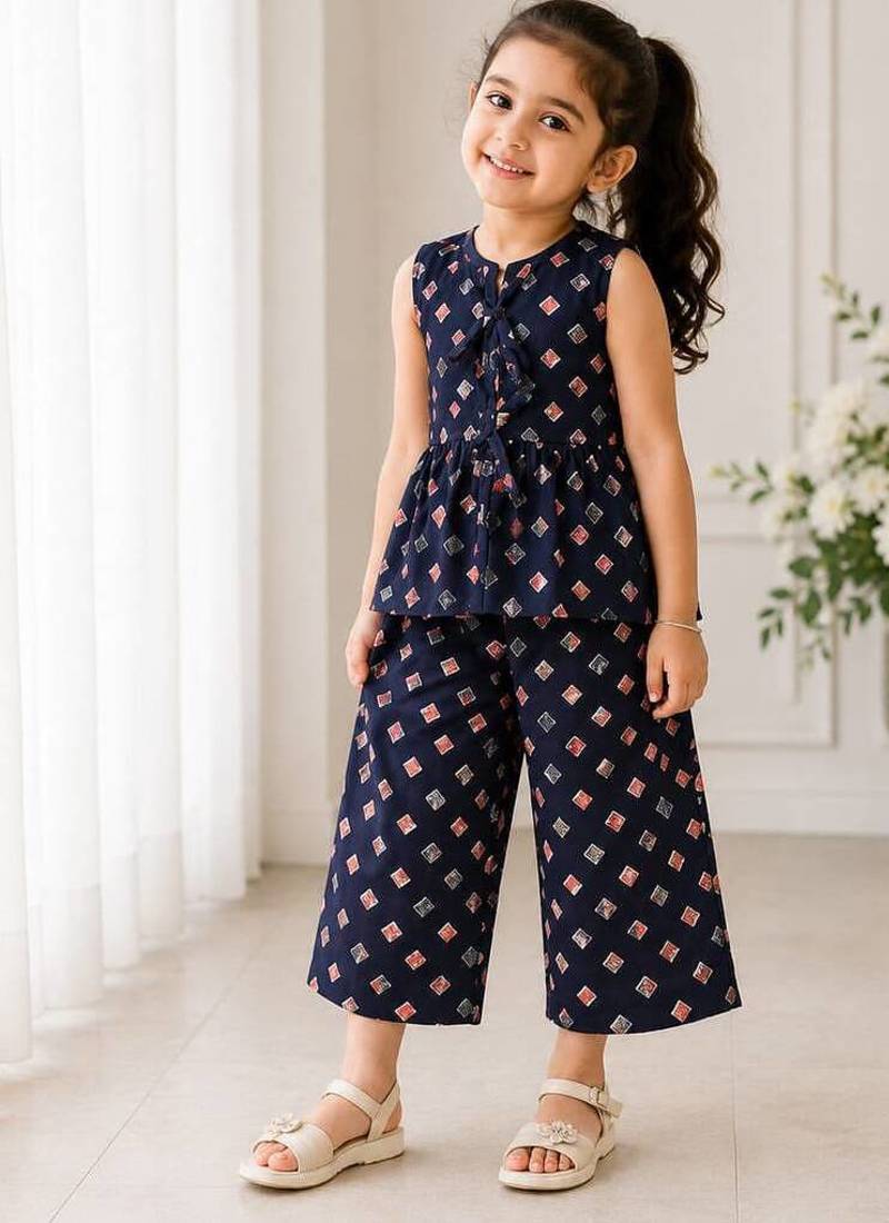 Blue cotton screen printed co-ord set for girl