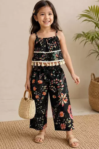 Black cotton floral printed co-ord set for girl