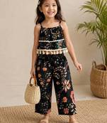 Black cotton floral printed co-ord set for girl
