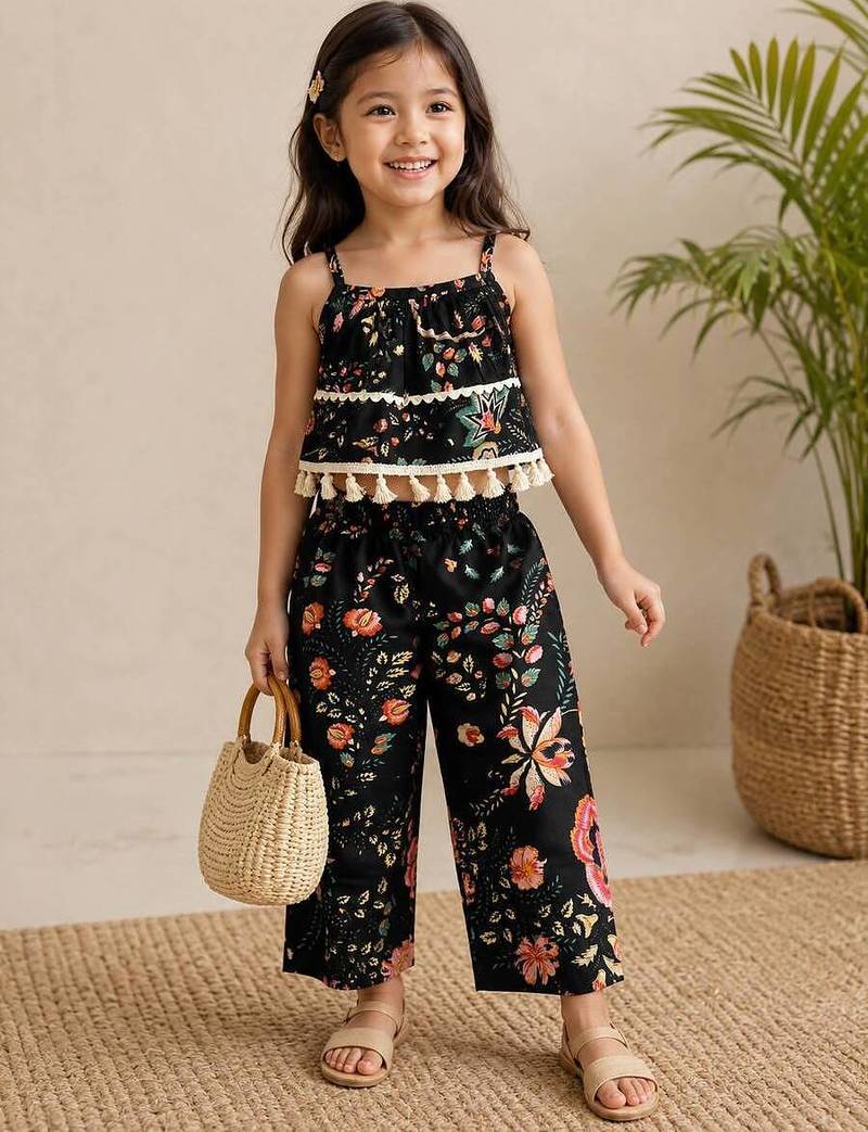 Black cotton floral printed co-ord set for girl