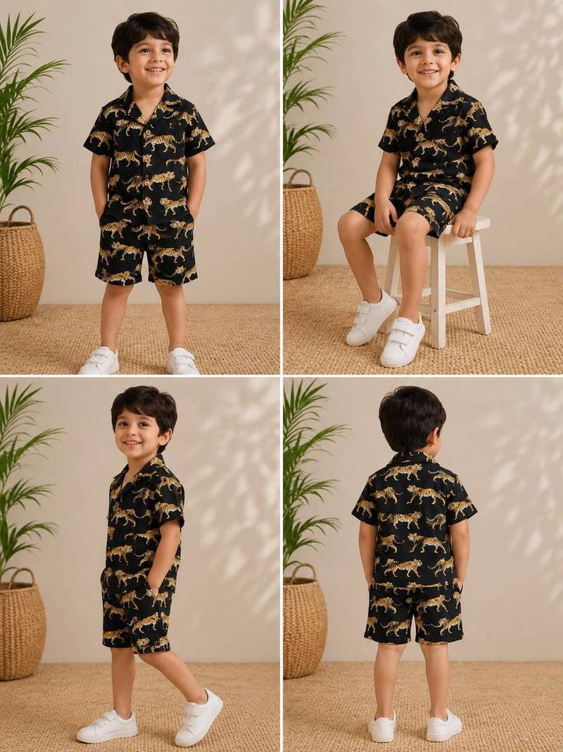 Black cotton screen printed co-ord set for boy