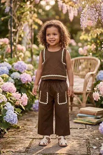 Brown cotton plain co-ord set for girl