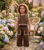Brown cotton plain co-ord set for girl