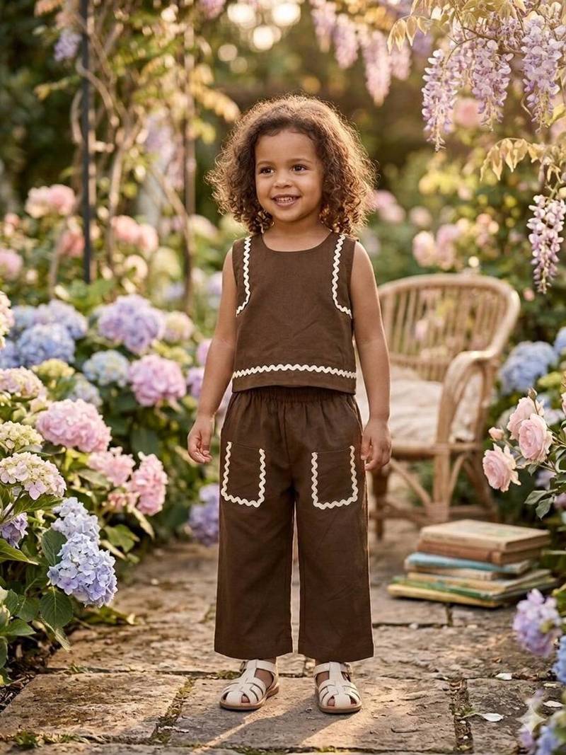 Brown cotton plain co-ord set for girl