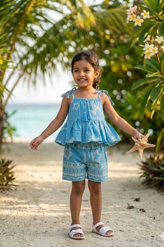 Blue cotton geometric printed co-ord set for girl