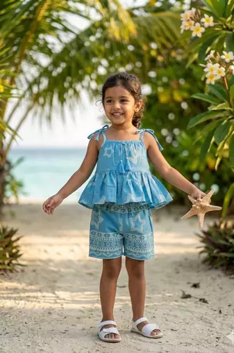 Blue cotton geometric printed co-ord set for girl
