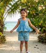 Blue cotton geometric printed co-ord set for girl