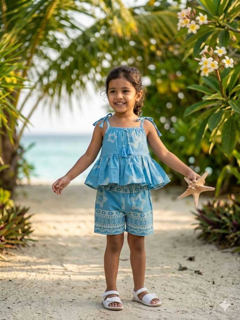 Blue cotton geometric printed co-ord set for girl
