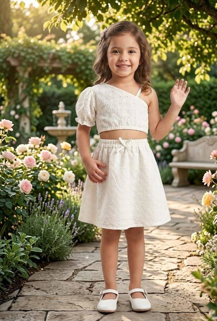 White cotton chikankari co-ord set for girl