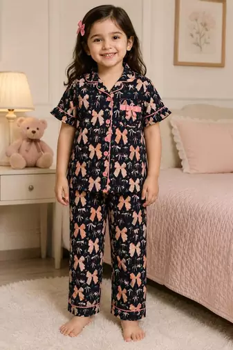 Black cotton floral printed co-ord set for girl