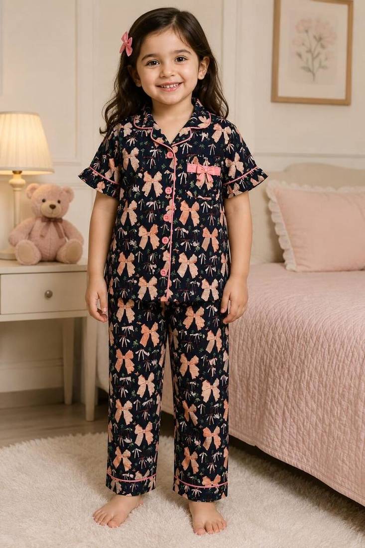 Black cotton floral printed co-ord set for girl