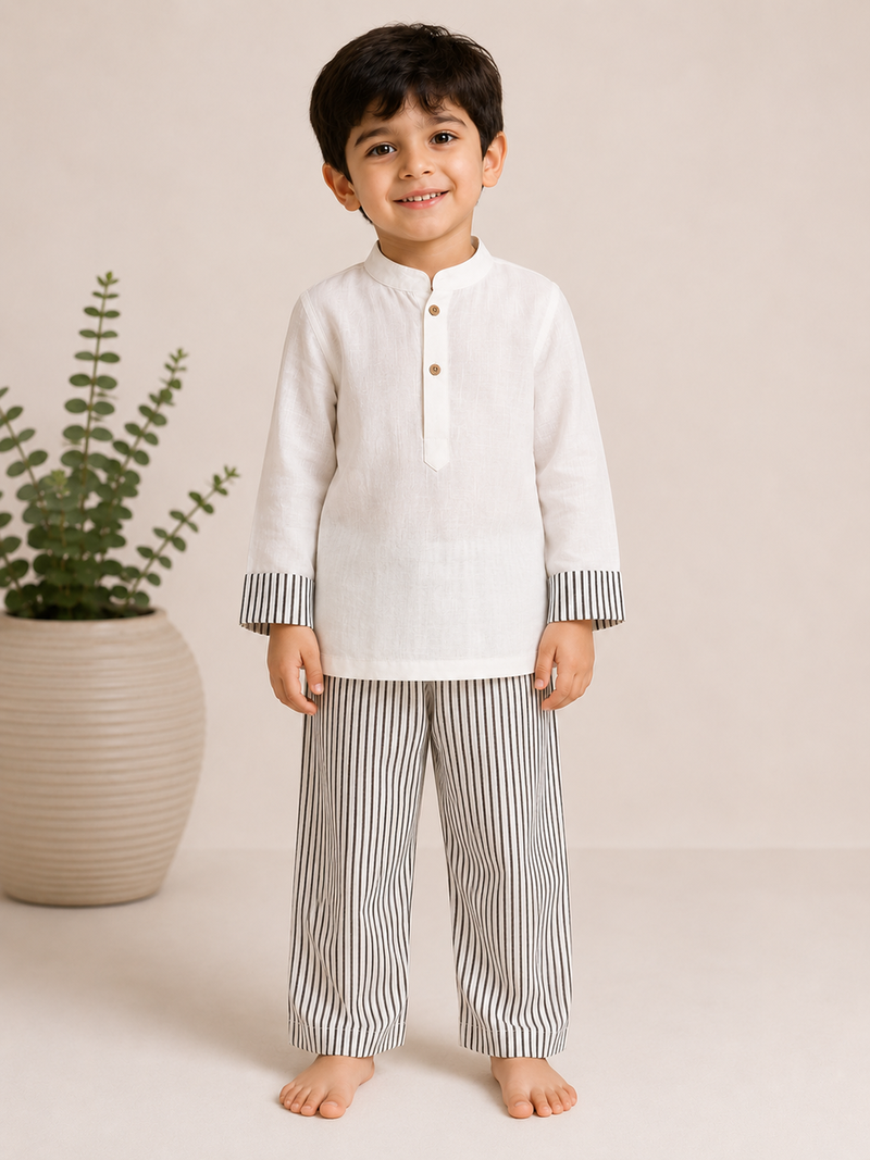 White cotton stripes printed co-ord set for boy