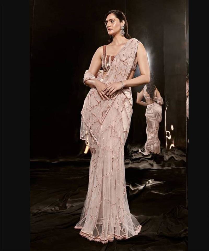 Pinkish Nude Embroidered Saree