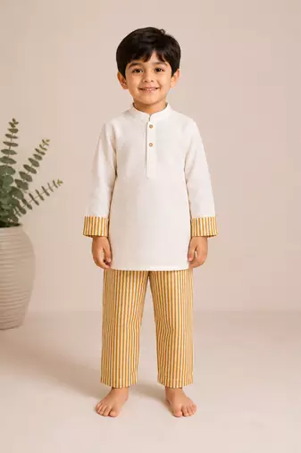 Yellow cotton stripes printed co-ord set for boy