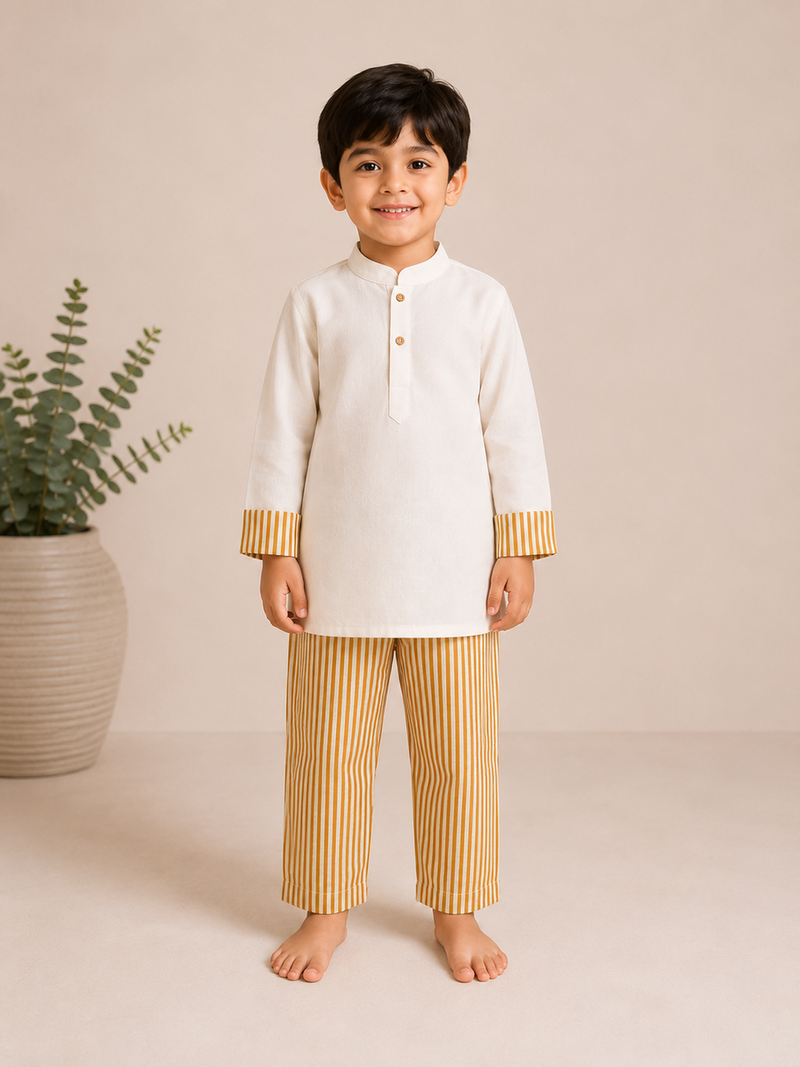 Yellow cotton stripes printed co-ord set for boy