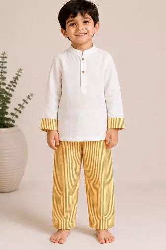 Yellow cotton stripes printed co-ord set for boy