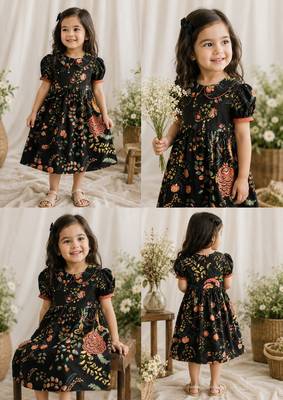 Black cotton floral printed dress for girl 1