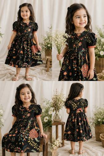 Black cotton floral printed dress for girl