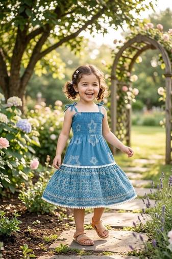 Blue cotton geometric printed dress for girl