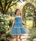 Blue cotton geometric printed dress for girl