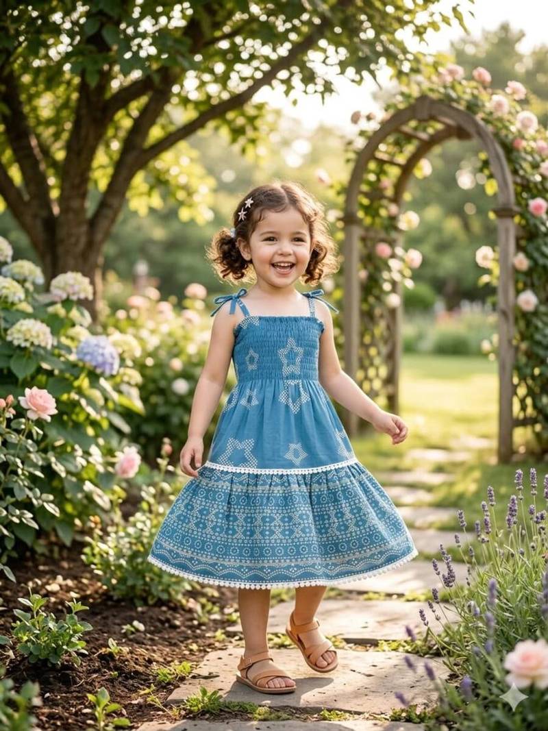 Blue cotton geometric printed dress for girl