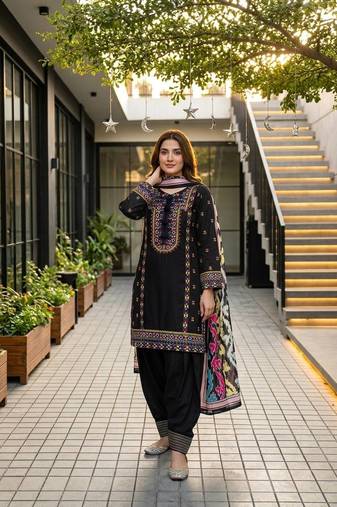Black Embroidery Work Silk Blend Salwar Suit