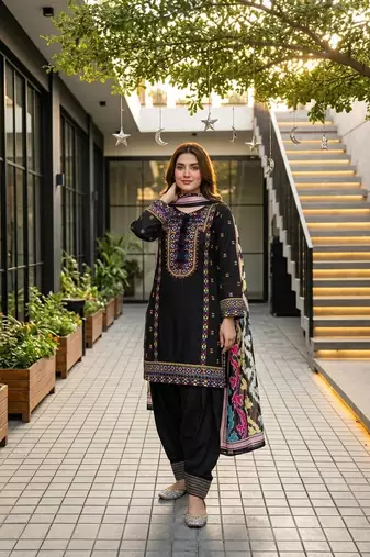 Black Color Embroidery Work Silk Blend Salwar Suit