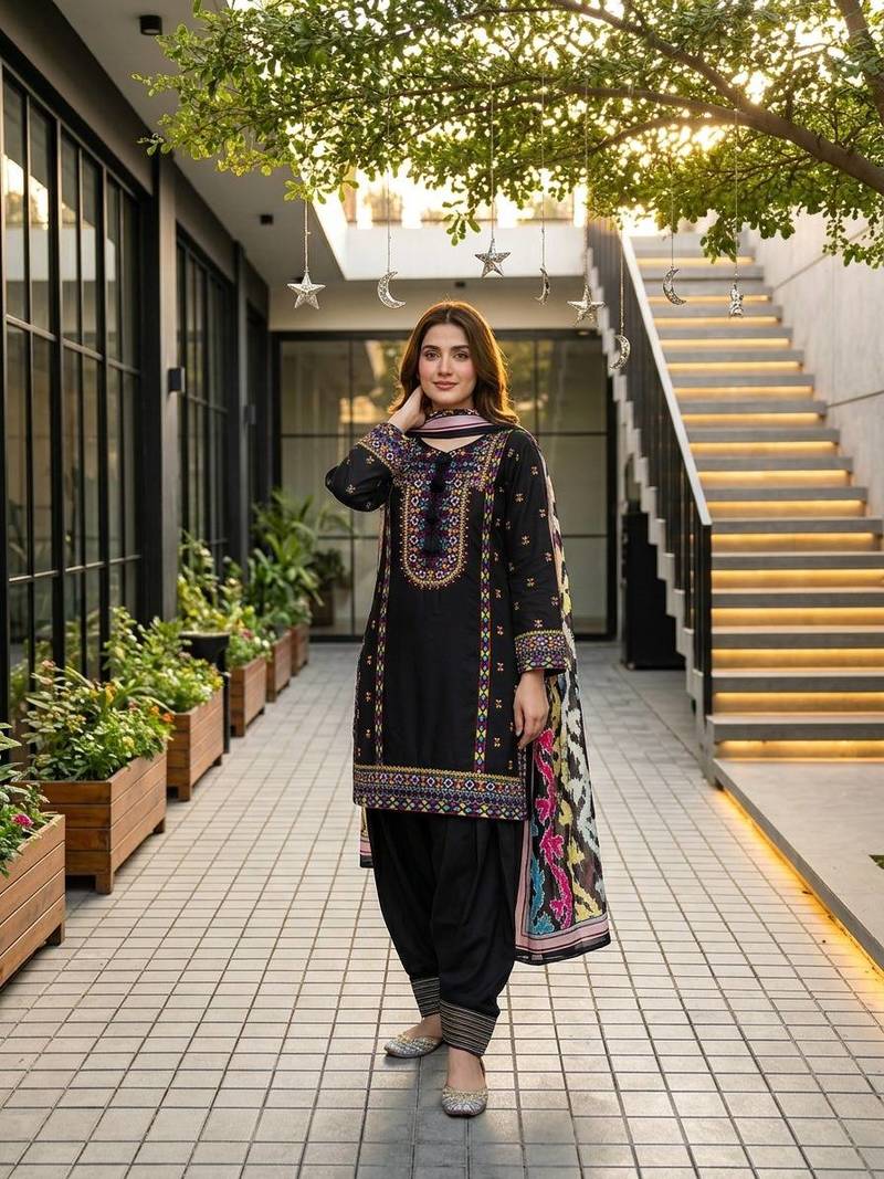 Black Color Embroidery Work Silk Blend Salwar Suit